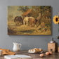 Canvas art print featuring farm animals gathered together feeding in outdoor setting, set in a cozy kitchen setting