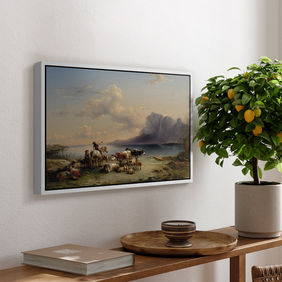 Shepherds and Cattle on Lake Attersee, 1852 - Floater Framed Canvas Print