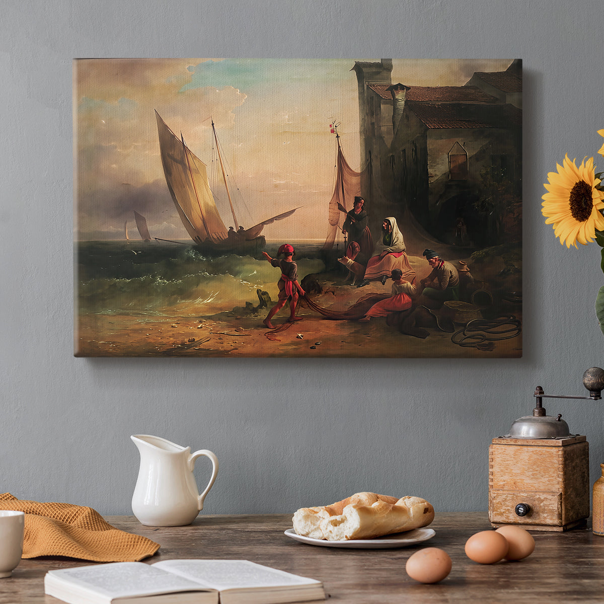 Canvas art print featuring a family gathered near boats and water, set in a cozy kitchen setting