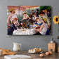 Canvas art print featuring a group of elegantly dressed people dining together on a sunlit balcony overlooking the river, set in a cozy kitchen setting