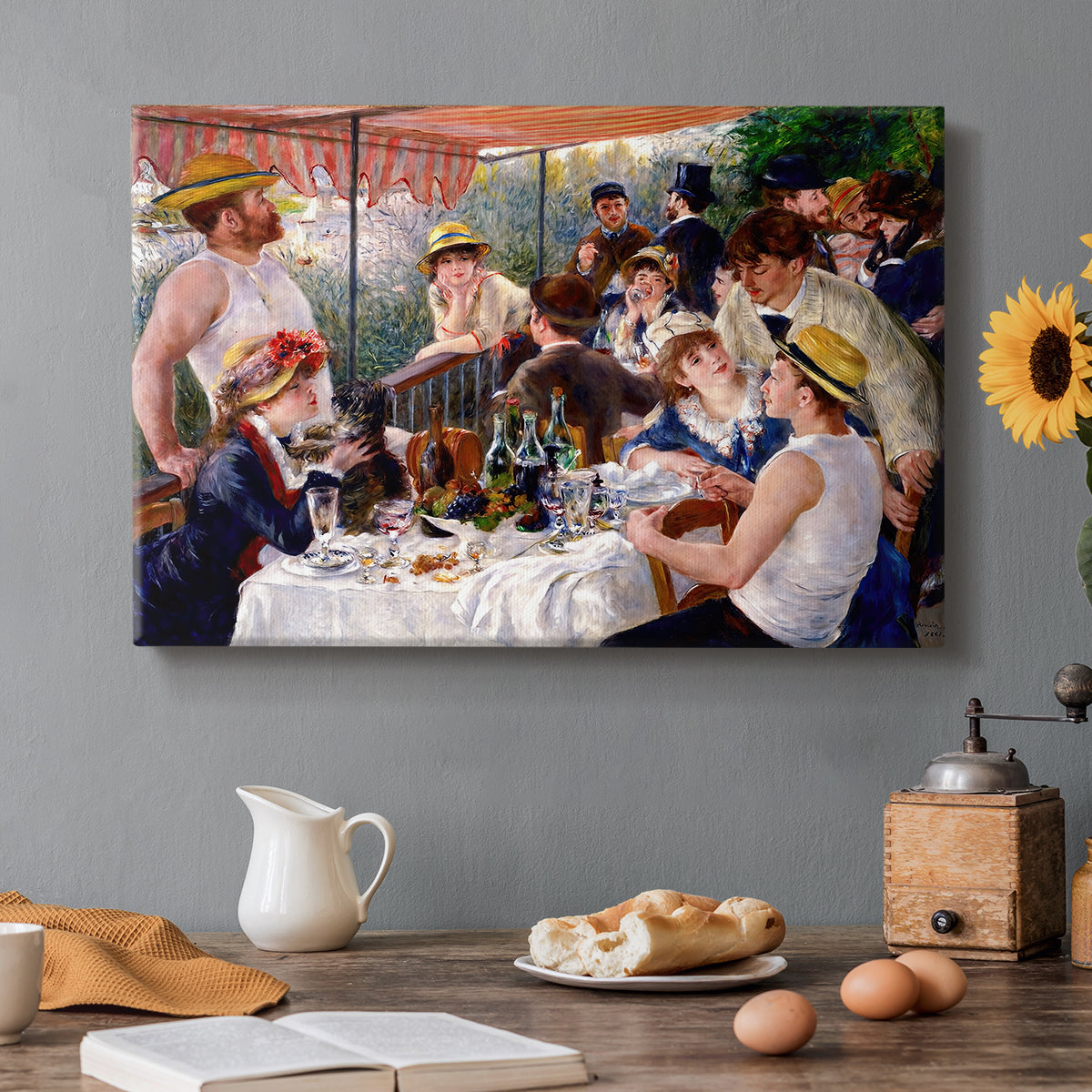 Canvas art print featuring a group of elegantly dressed people dining together on a sunlit balcony overlooking the river, set in a cozy kitchen setting