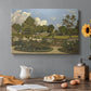 Canvas art print featuring a landscaped garden with trees, water, and open sky in peaceful setting, set in a cozy kitchen setting