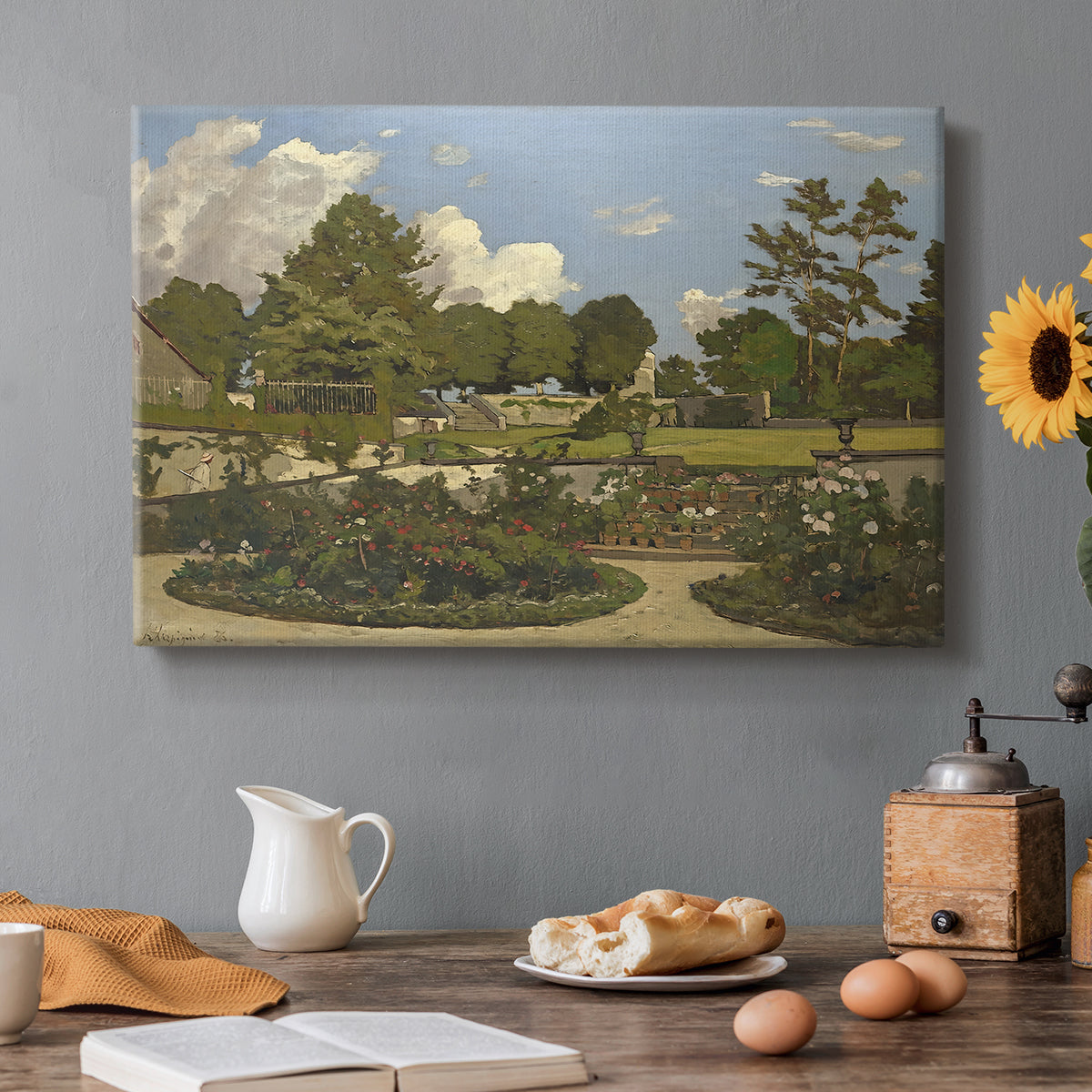 Canvas art print featuring a landscaped garden with trees, water, and open sky in peaceful setting, set in a cozy kitchen setting