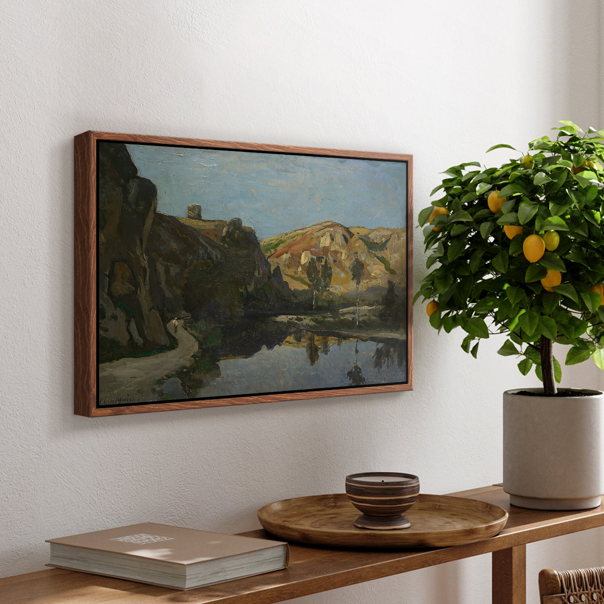 River Landscape with Cliffs, c. 1850-1860 - Floater Framed Canvas Print