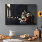 Canvas art print featuring a young woman seated at table interrupted while playing music, set in a cozy kitchen setting