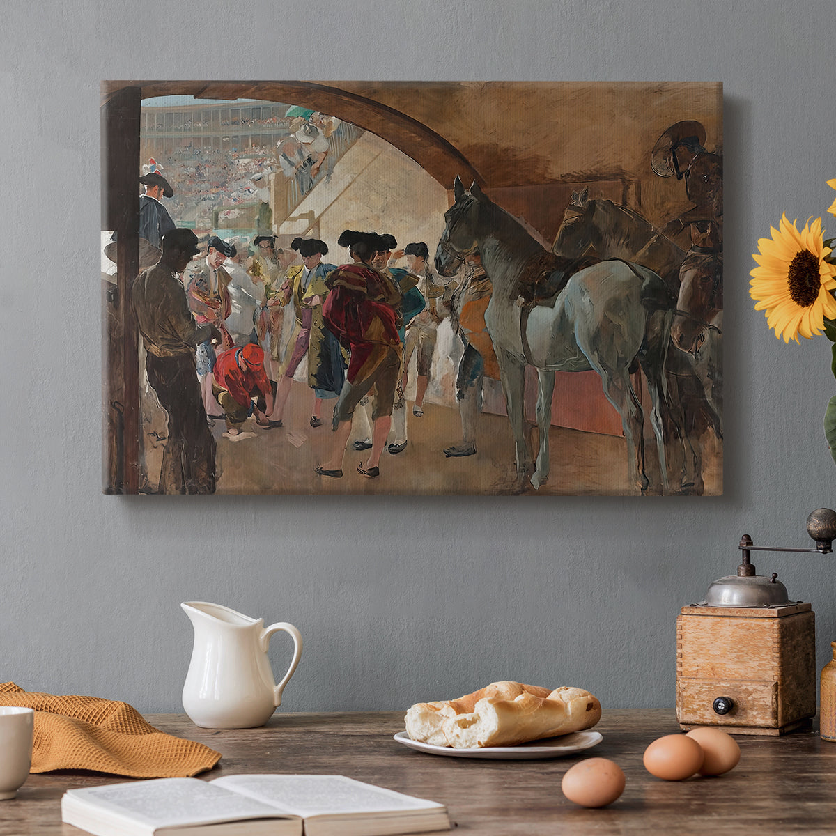 Canvas art print featuring a group of figures gathered indoors preparing for bullfight performance, set in a cozy kitchen setting