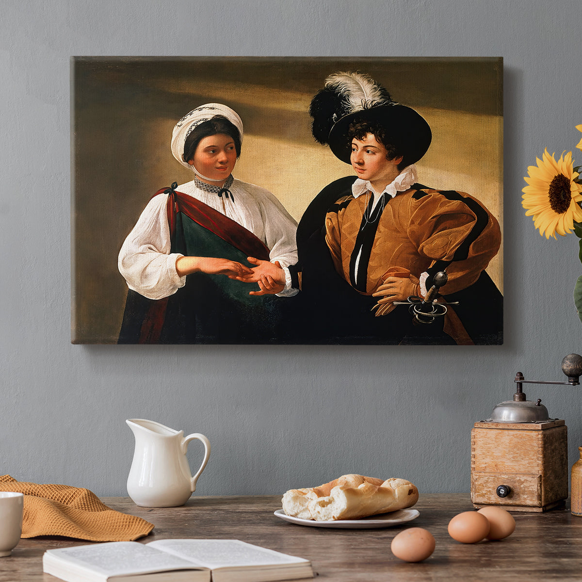 Canvas art print featuring a woman reading a young man's palm while secretly stealing his ring, set in a cozy kitchen setting
