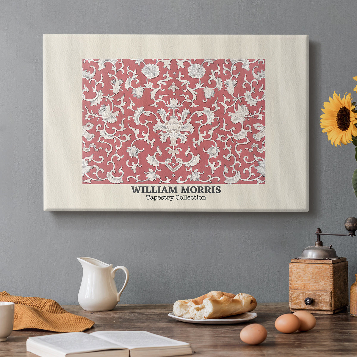 Canvas art print featuring a repeating floral pattern with dense arrangement of blossoms and leaves, set in a cozy kitchen setting