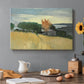 Canvas art print featuring a golden wheat field stretching across a sunlit landscape under open sky, set in a cozy kitchen setting