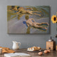 Canvas art print featuring young boys running and playing along shoreline in sunlight, set in a cozy kitchen setting