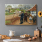 Canvas art print featuring a group of people gathered outdoors near buildings in rural village, set in a cozy kitchen setting