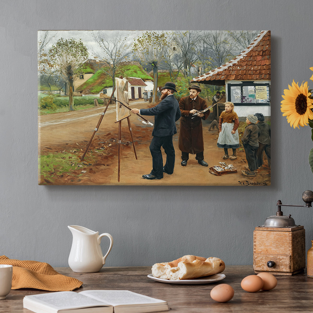 Canvas art print featuring a group of people gathered outdoors near buildings in rural village, set in a cozy kitchen setting