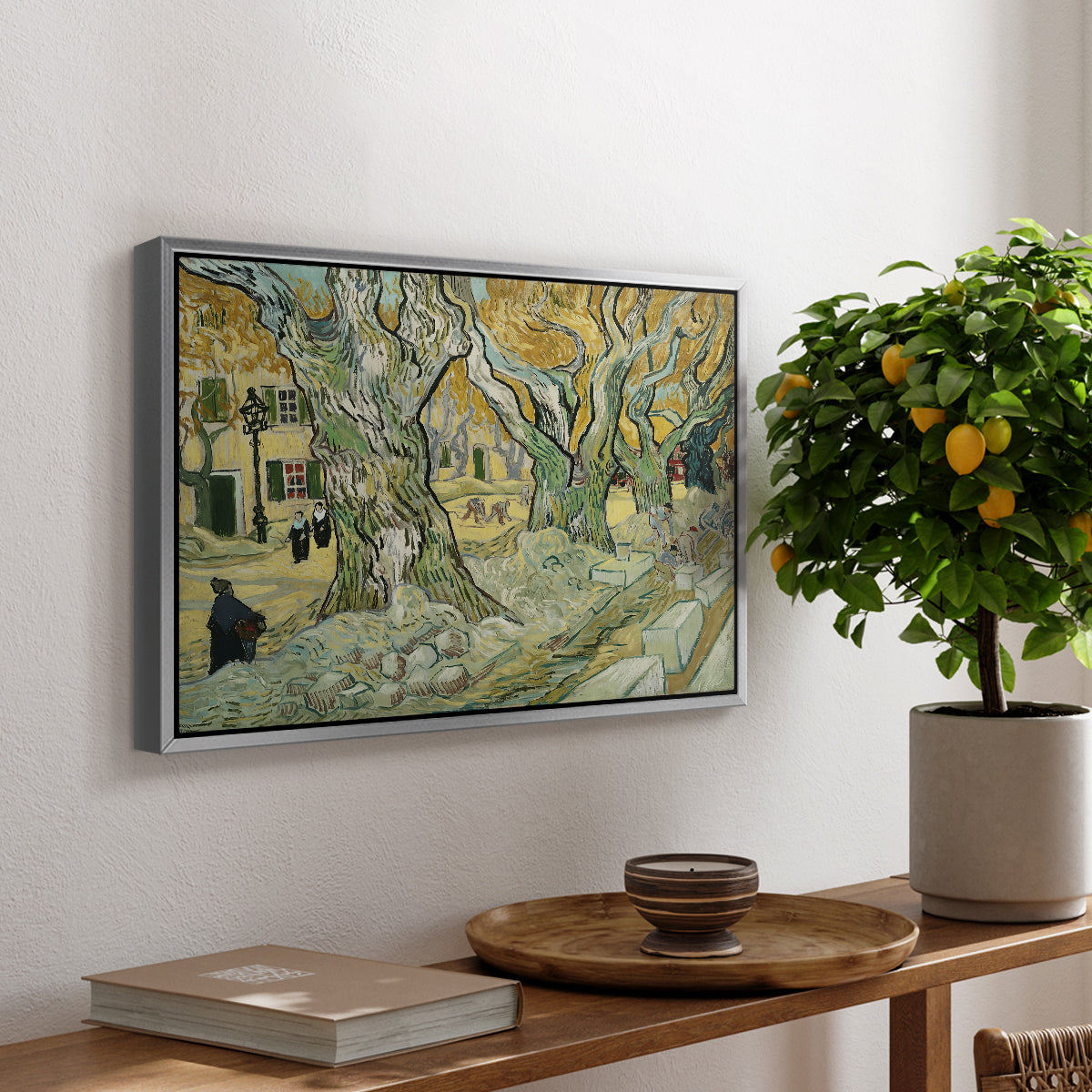 The Large Plane Trees (Road Menders at Saint-Rémy), 1889 - Floater Framed Canvas Print