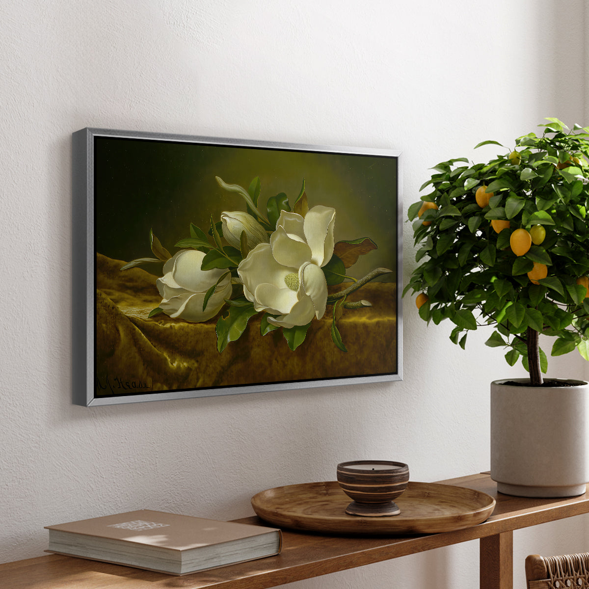 Magnolias on Gold Velvet Cloth, c. 1888-1890 - Floater Framed Canvas Print