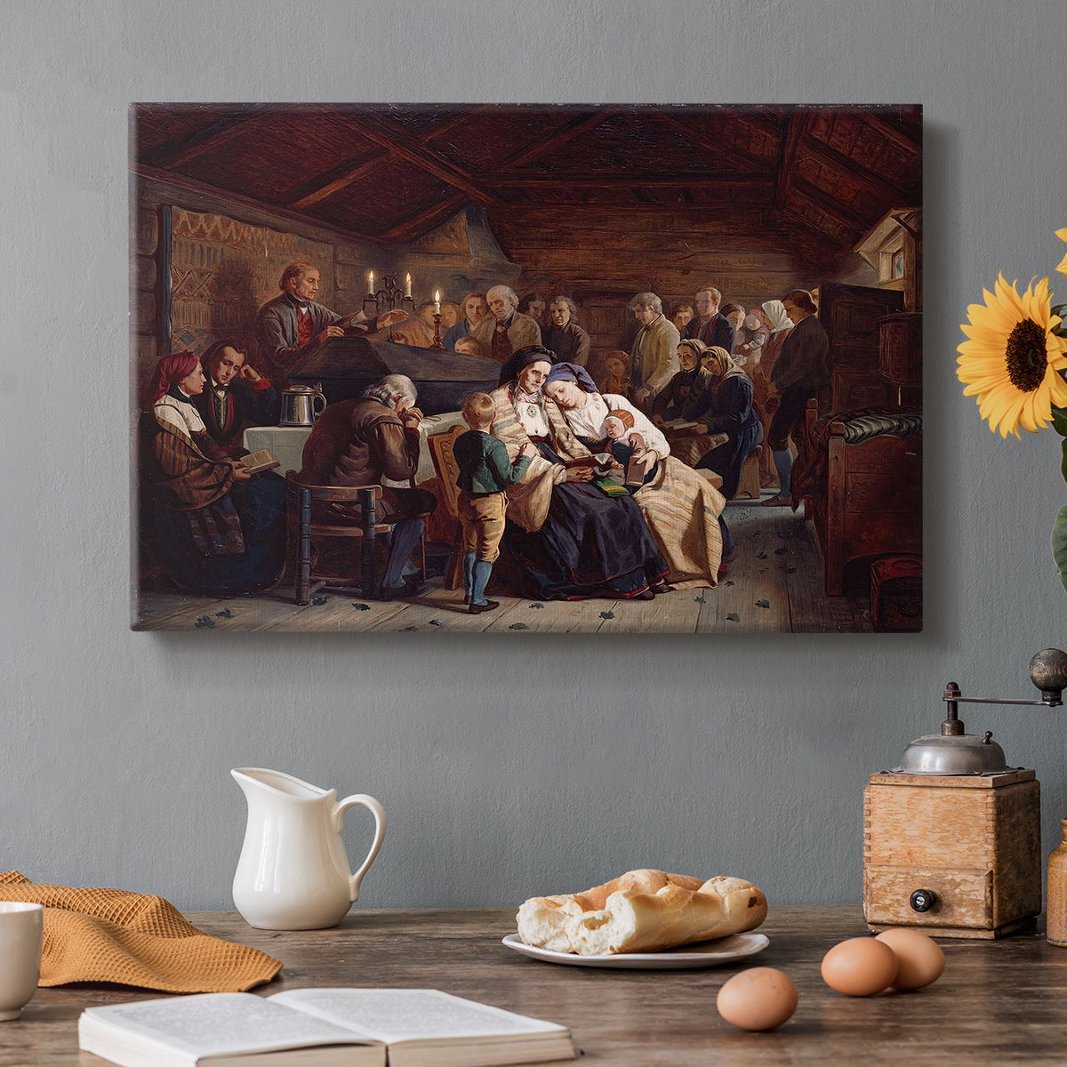 Canvas art print featuring a large gathering of villagers seated around tables during a funeral feast indoors, set in a cozy kitchen setting