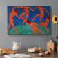 Canvas art print featuring dancing figures holding hands in a circular rhythm against a bold background, set in a cozy kitchen setting