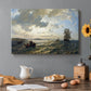 Canvas art print featuring a breezy coastal landscape with waves, boats, and open sky, set in a cozy kitchen setting