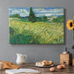 Canvas art print featuring a wheat field with tall cypress tree rising against vivid sky, set in a cozy kitchen setting