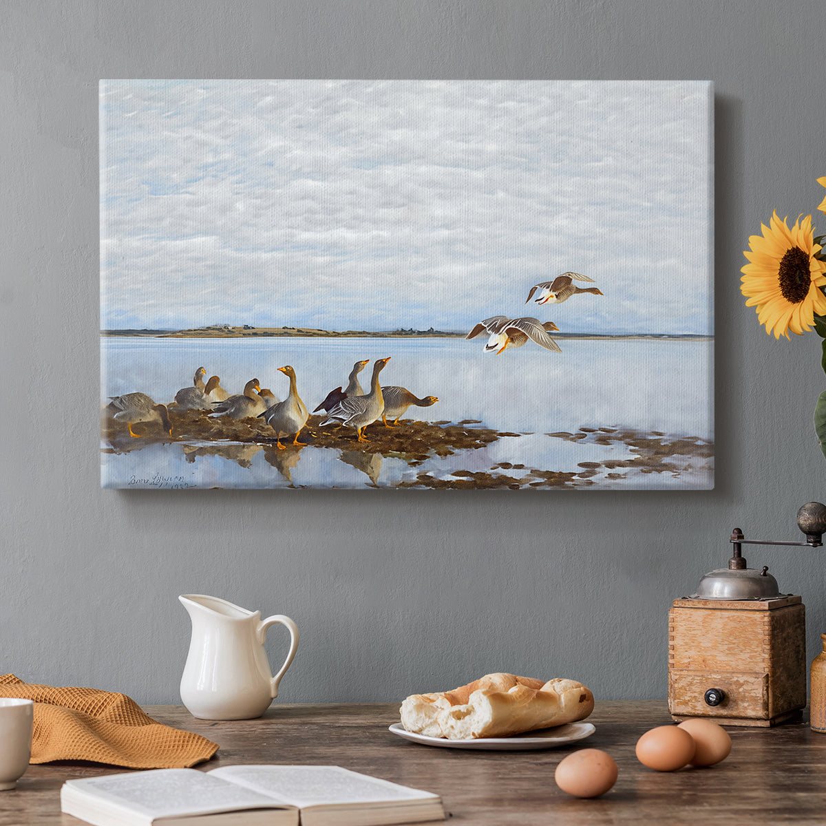 Canvas art print featuring a group of geese gathered near water in a natural wetland landscape, set in a cozy kitchen setting