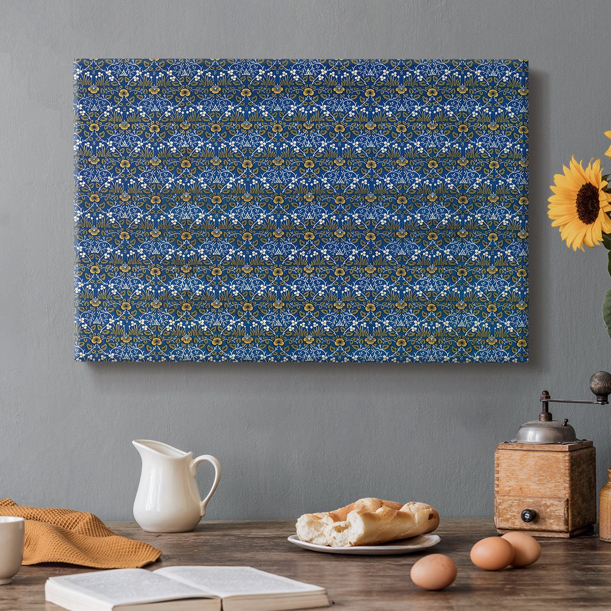 Canvas art print featuring a tightly packed repeating pattern of small flowers and leaves forming dense surface, set in a cozy kitchen setting