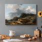 Canvas art print featuring a pastoral landscape with figures and animals gathered near water, set in a cozy kitchen setting