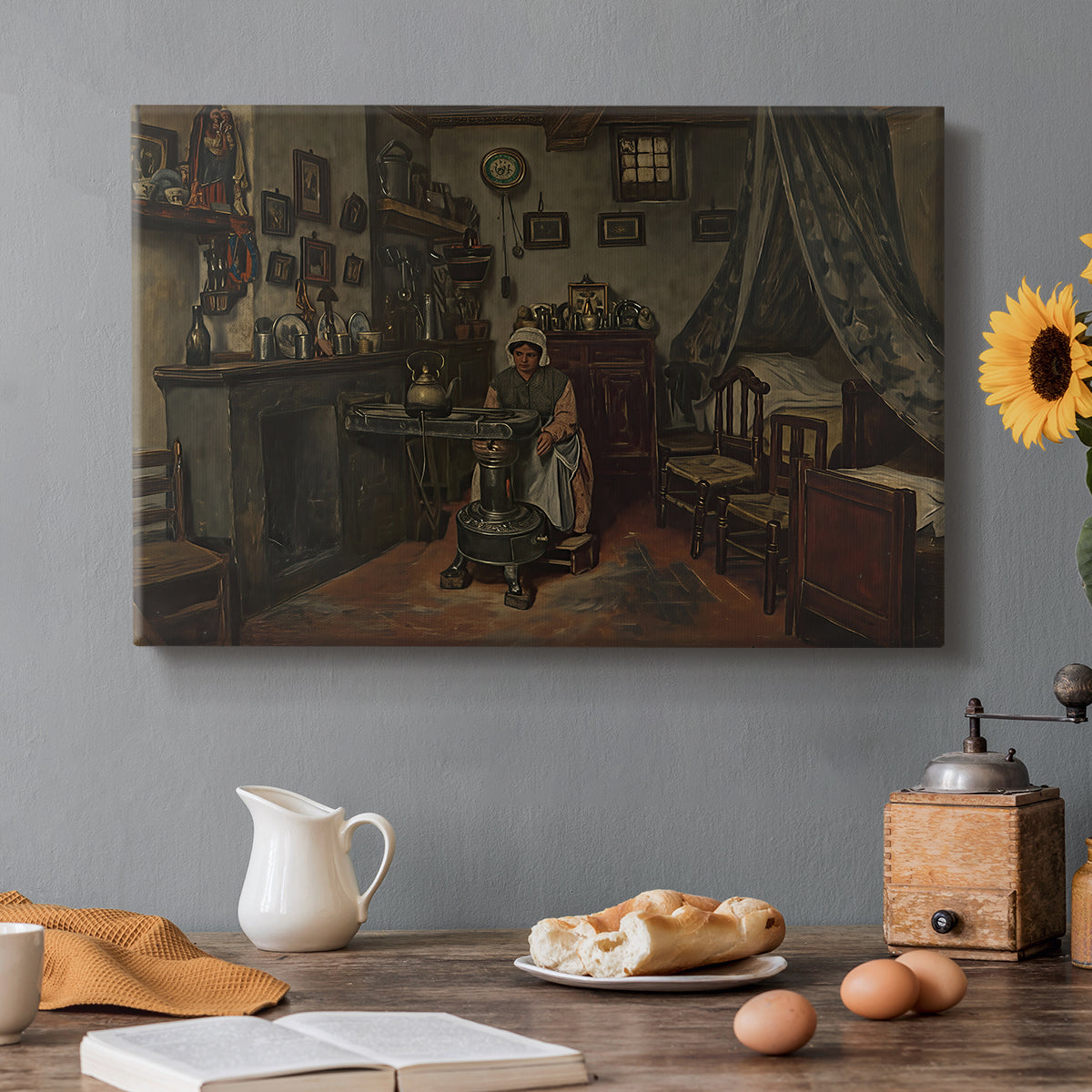 Canvas art print featuring a quiet room with figure seated near window and simple furnishings, set in a cozy kitchen setting