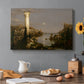 Canvas art print featuring a ruined city overgrown with vegetation under quiet, empty sky, set in a cozy kitchen setting