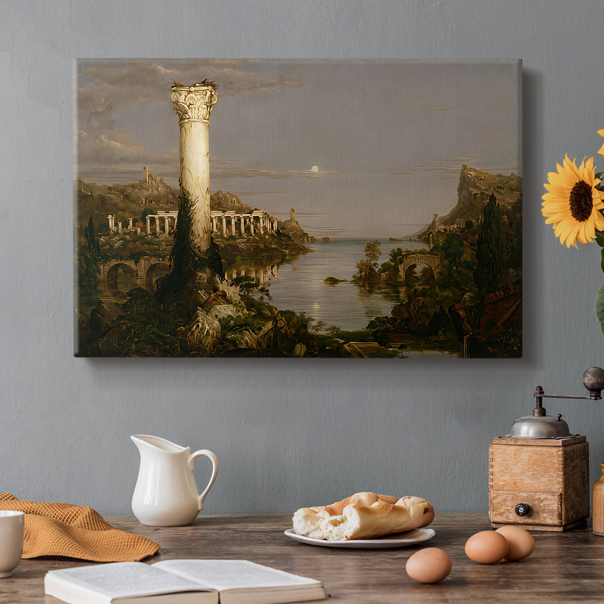 Canvas art print featuring a ruined city overgrown with vegetation under quiet, empty sky, set in a cozy kitchen setting