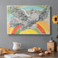 Canvas art print featuring a simplified dove in flight above rainbow arc, set in a cozy kitchen setting