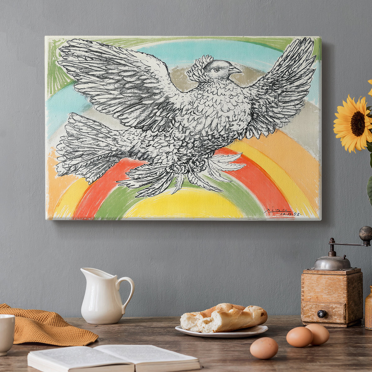 Canvas art print featuring a simplified dove in flight above rainbow arc, set in a cozy kitchen setting