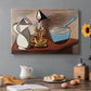 Canvas art print featuring a still life with jug candle and pan in angular composition, set in a cozy kitchen setting