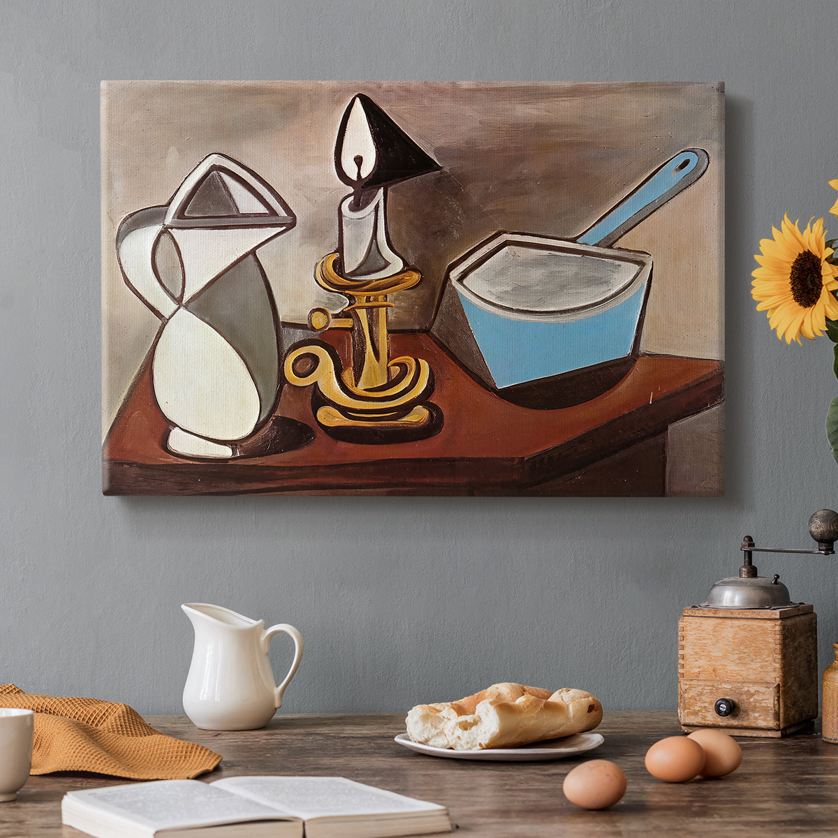 Canvas art print featuring a still life with jug candle and pan in angular composition, set in a cozy kitchen setting