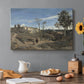 Canvas art print featuring an open landscape of Roman countryside with trees and distant terrain under soft sky, set in a cozy kitchen setting