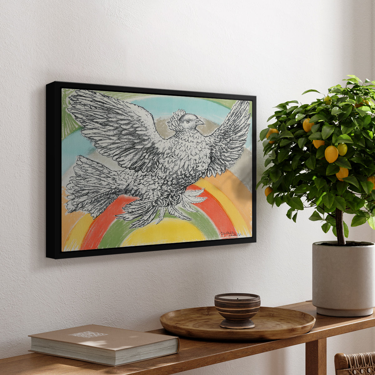 Flying Dove with Rainbow (Colombe volant à l'Arc-en-ciel), 1952 - Floater Framed Canvas Print
