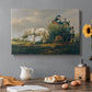Canvas art print featuring a wagon carrying hay through countryside, set in a cozy kitchen setting