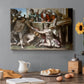 Canvas art print featuring a group of figures around altar performing sacrificial ritual, set in a cozy kitchen setting