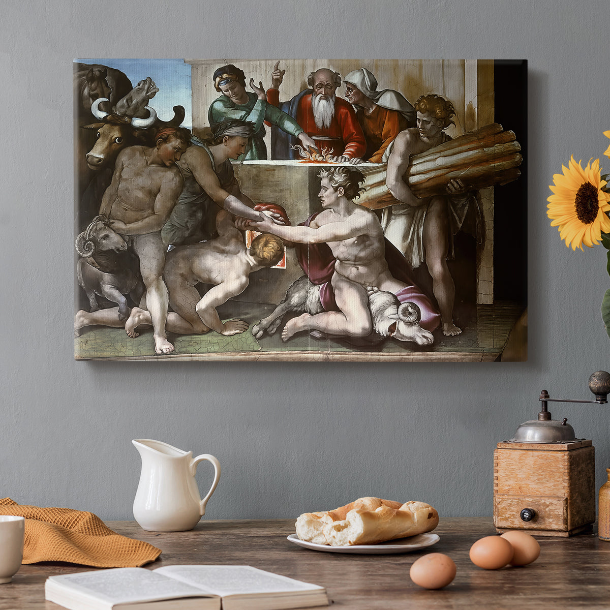 Canvas art print featuring a group of figures around altar performing sacrificial ritual, set in a cozy kitchen setting