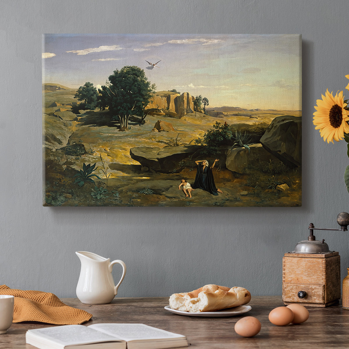 Canvas art print featuring a solitary figure in open landscape surrounded by sparse terrain, set in a cozy kitchen setting