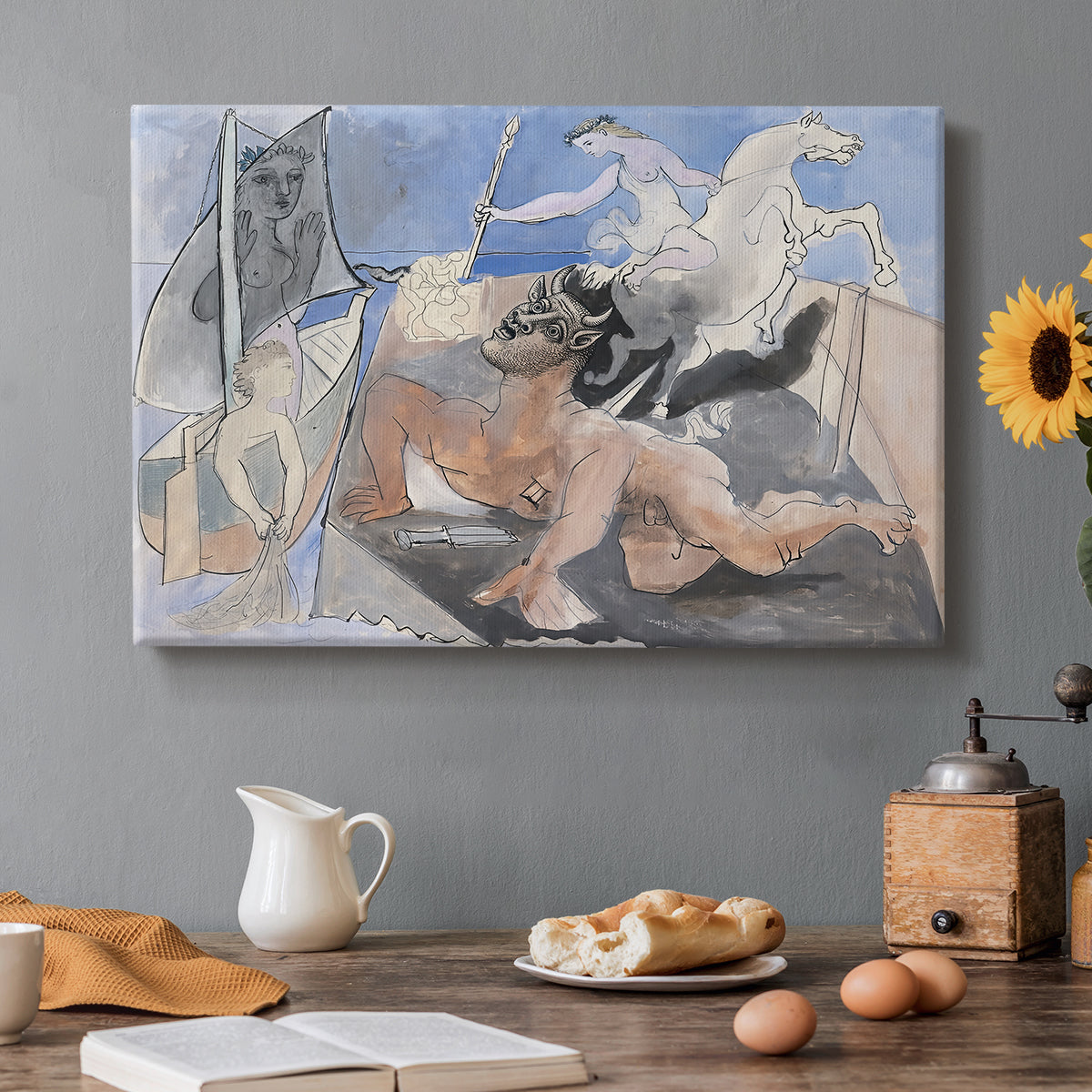Canvas art print featuring a mythological minotaur in surreal sketch composition, set in a cozy kitchen setting