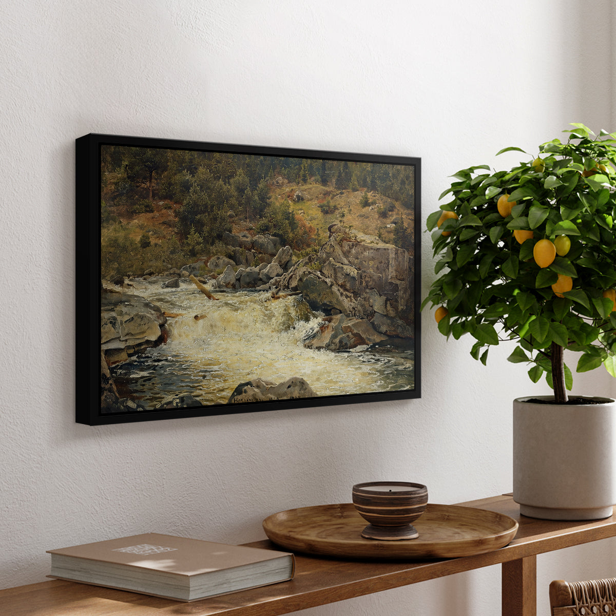 Waterfall in Hallingdal, 1848 - Floater Framed Canvas Print