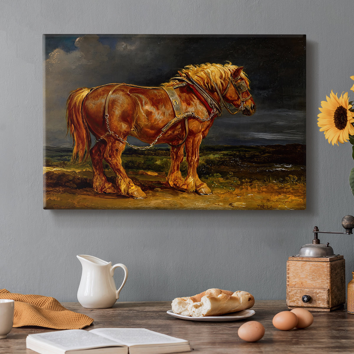 Canvas art print featuring a large shire horse standing prominently in wide open landscape, set in a cozy kitchen setting
