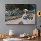 Canvas art print featuring a young girl seated in lush garden surrounded by blooming flowers, set in a cozy kitchen setting