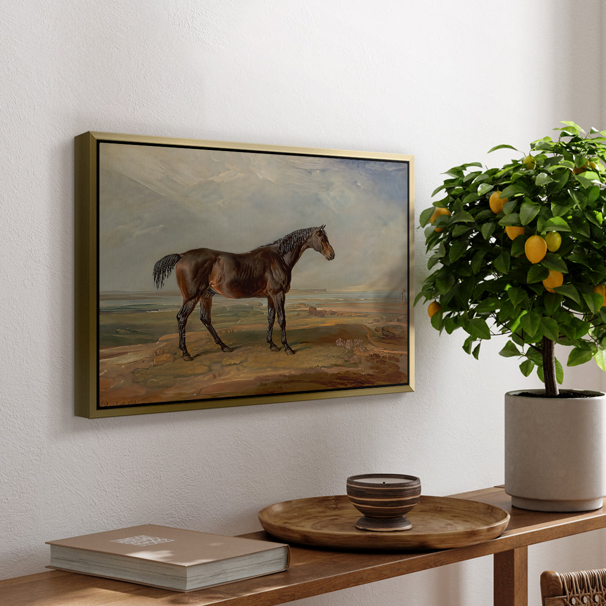 Dr. Syntax, a Bay Racehorse, Standing in a Coastal Landscape, an Estuary Beyond, c. 1820 - Floater Framed Canvas Print