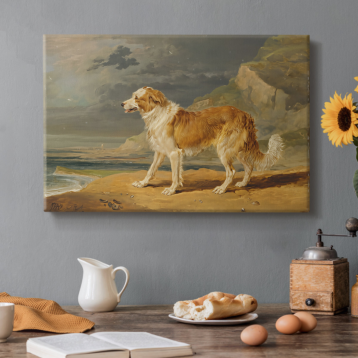 Canvas art print featuring a collie dog standing alert in open landscape, set in a cozy kitchen setting