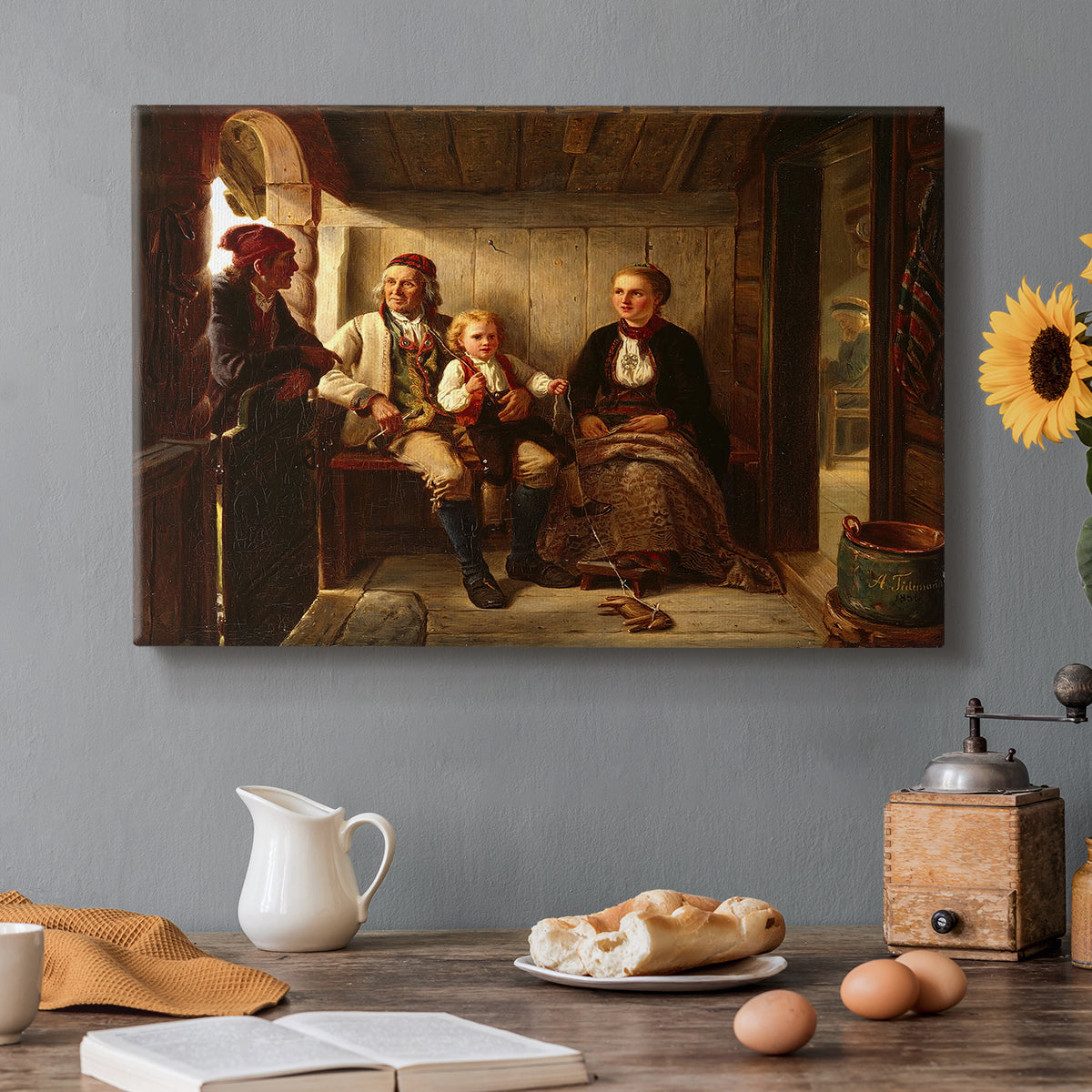 Canvas art print featuring a group of rural villagers gathered inside a dimly lit wooden interior in conversation, set in a cozy kitchen setting