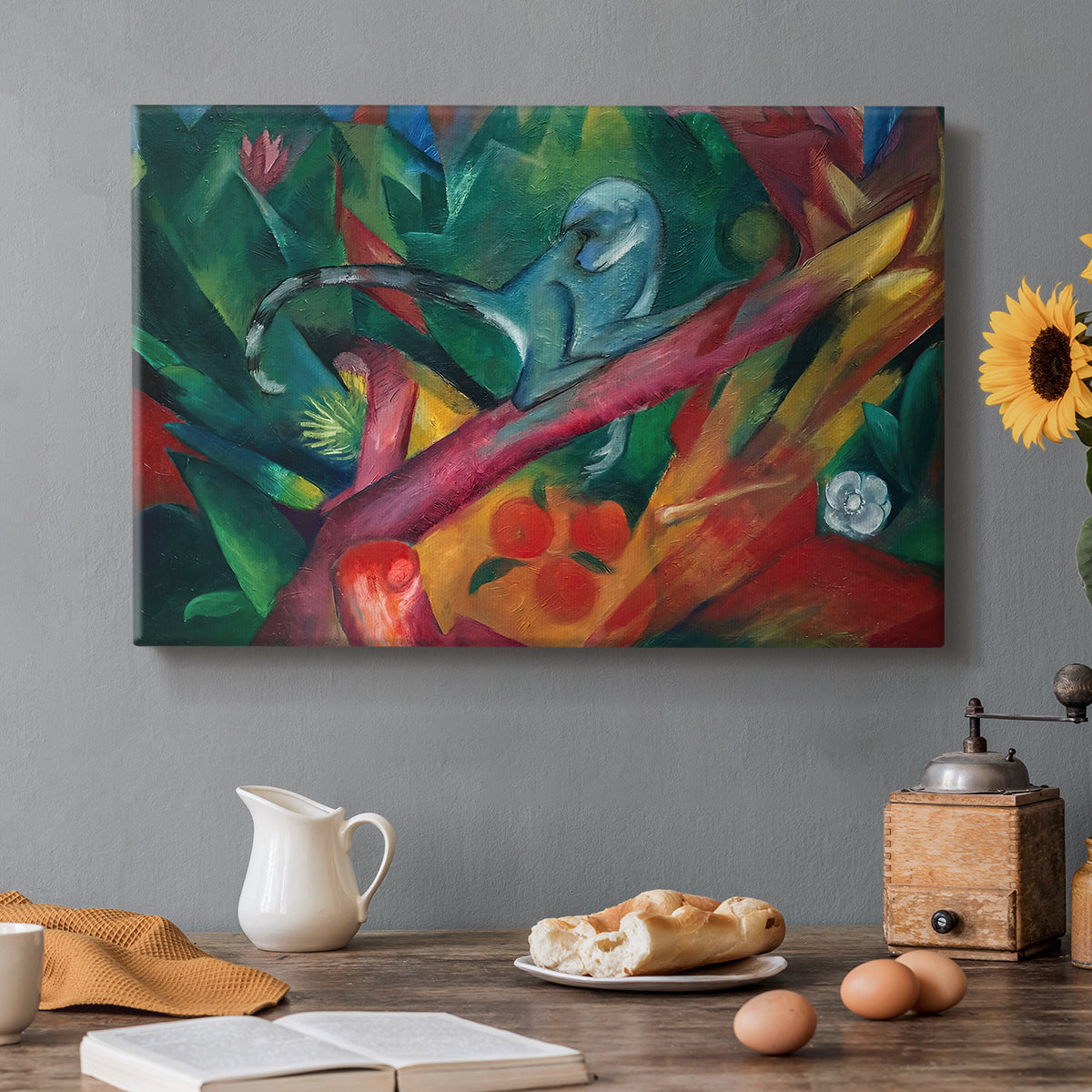 Canvas art print featuring a stylized monkey rendered in bold colors and abstract shapes, set in a cozy kitchen setting
