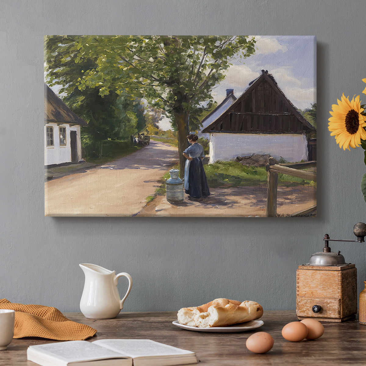 Canvas art print featuring a woman and milkman standing along village street with houses nearby, set in a cozy kitchen setting