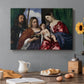 Canvas art print featuring a Madonna and child seated with two saints standing in dark interior setting, set in a cozy kitchen setting