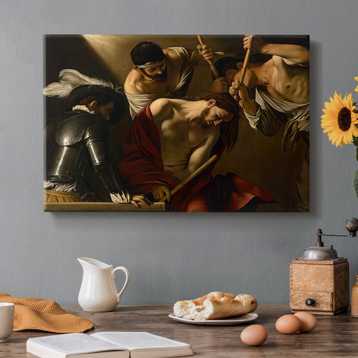Canvas art print featuring Christ surrounded by men pressing crown of thorns onto his head, set in a cozy kitchen setting