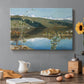 Canvas art print featuring a dramatic landscape with dark thunderclouds forming over distant water and hills, set in a cozy kitchen setting